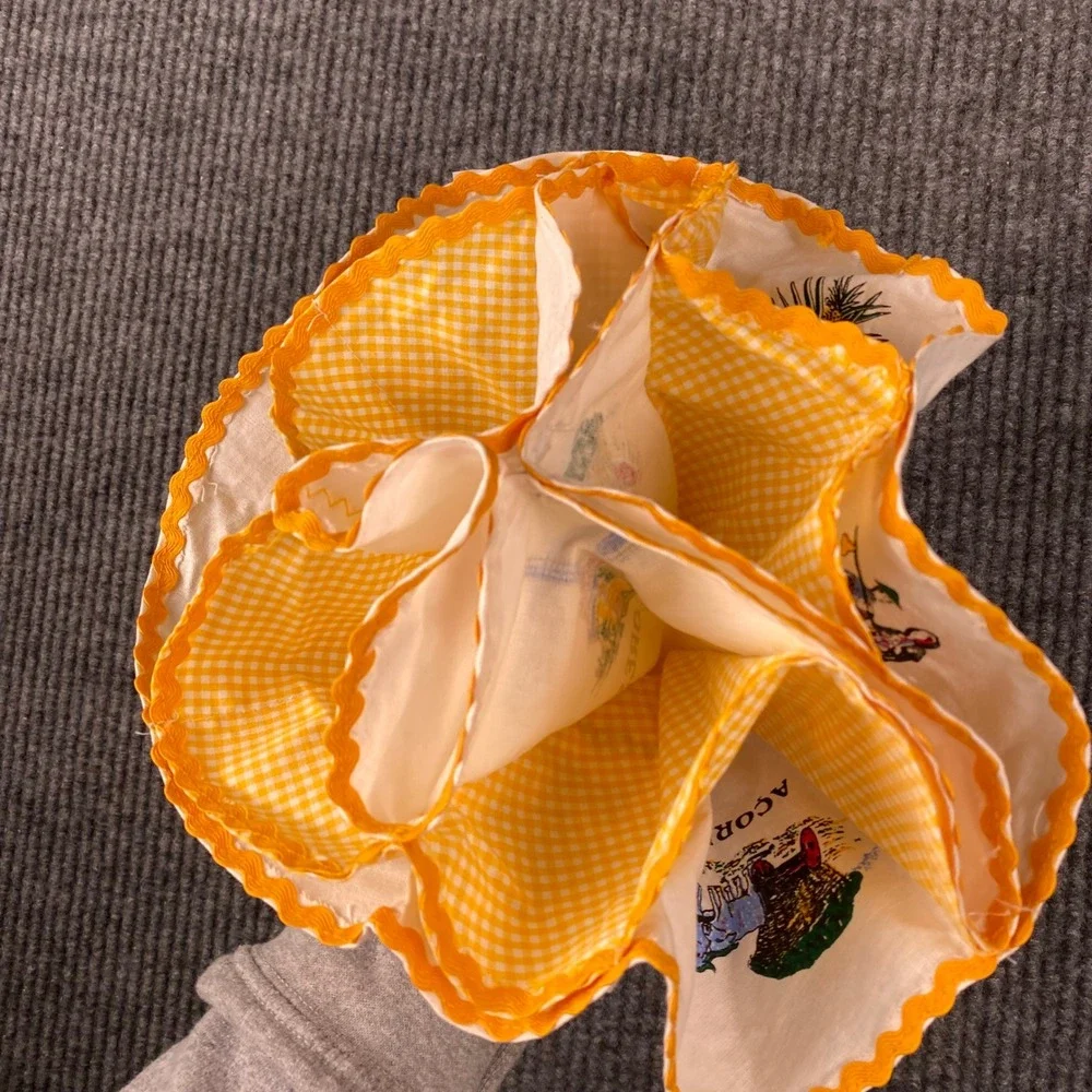 Vintage Azores Portugal Souvenir Bread Basket Liner Yellow Gingham Ric Rac 11.5